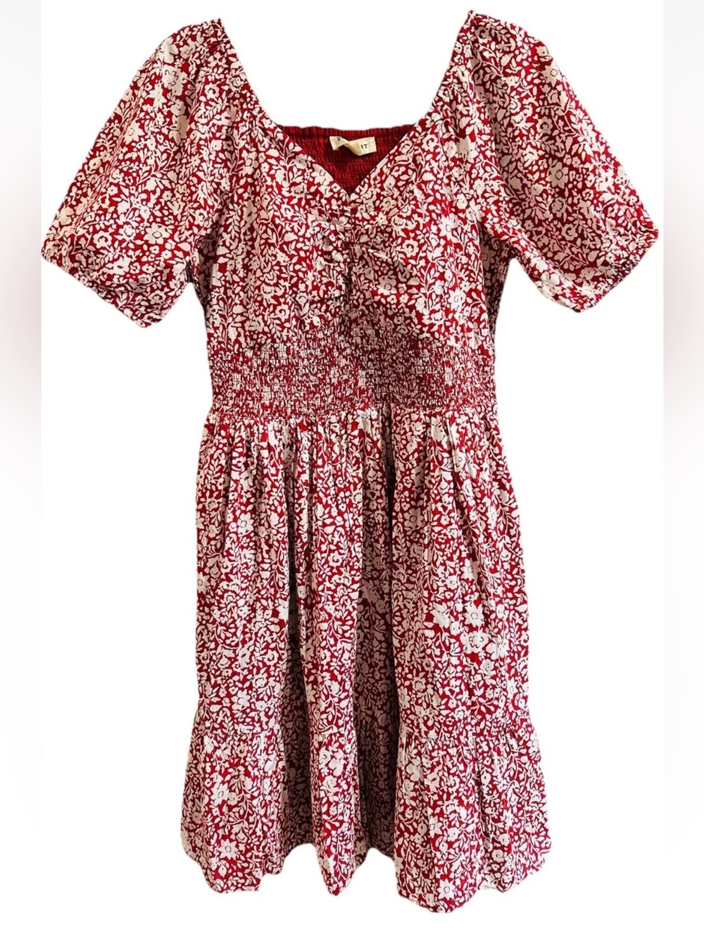 Downeast Marseille Red Floral Smocked Midi Dress Puff Sleeve Pockets Women’s M